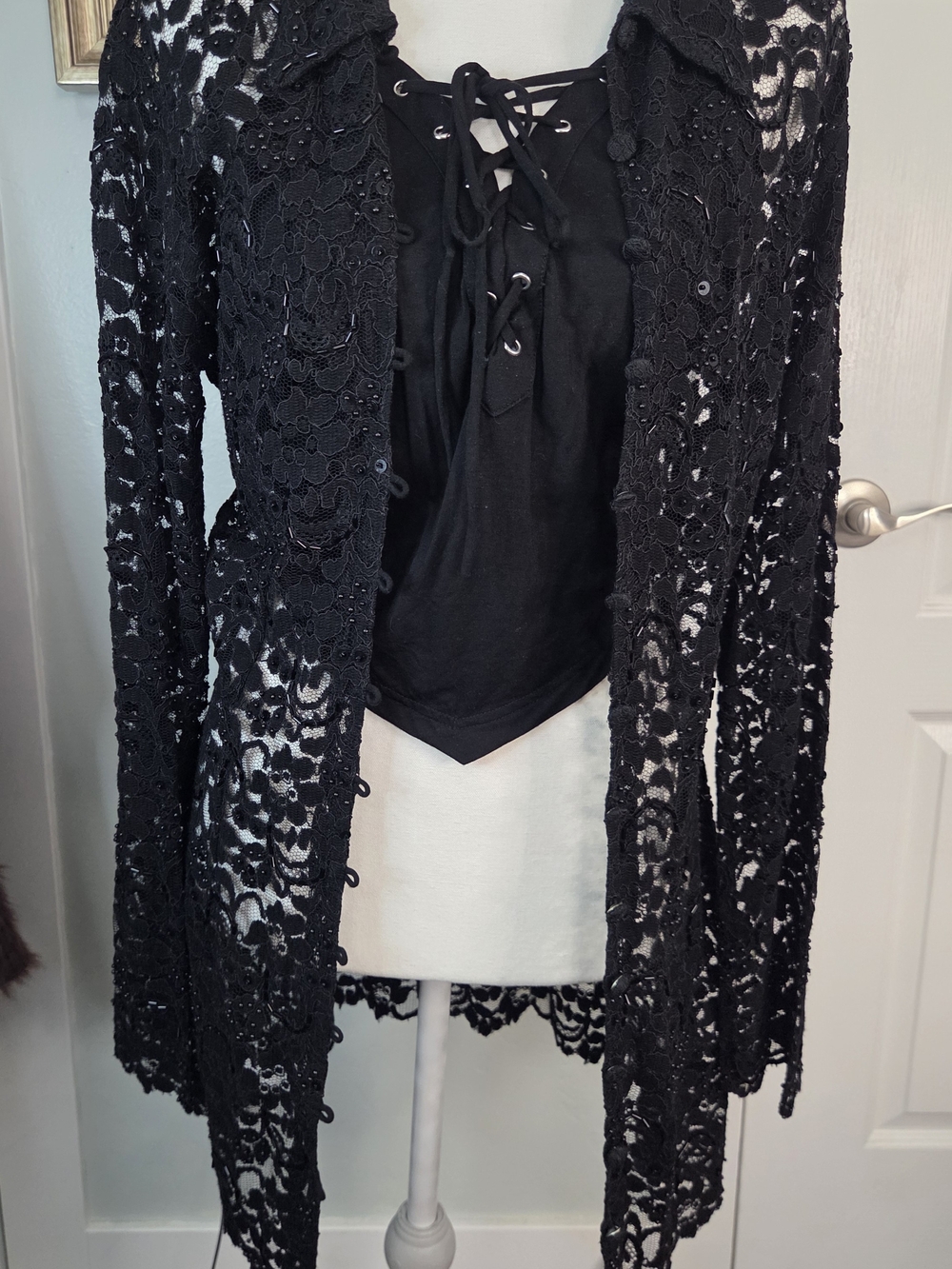 Vintage Hunza Lace Beaded Long Cardigan Whimsigoth, Grunge Luxury